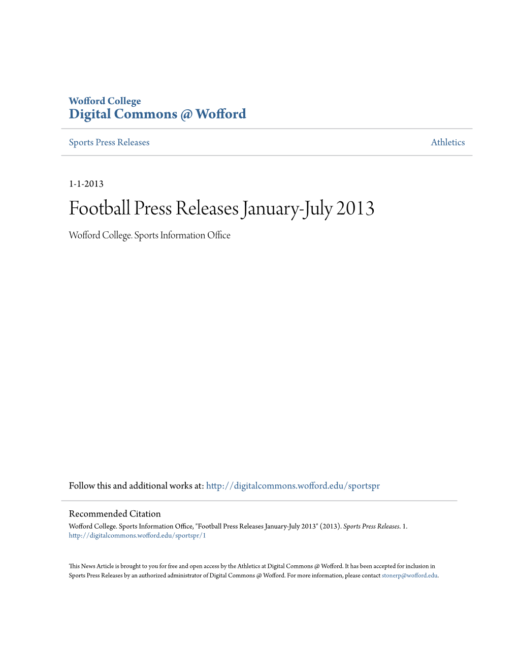 Football Press Releases January-July 2013 Wofford College