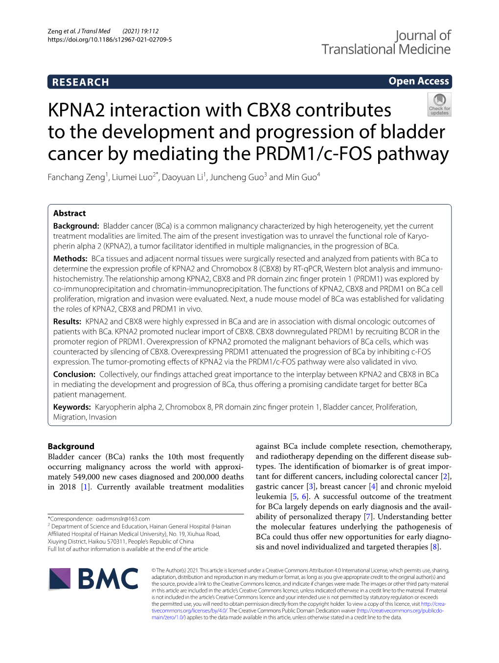 KPNA2 Interaction with CBX8 Contributes to the Development And
