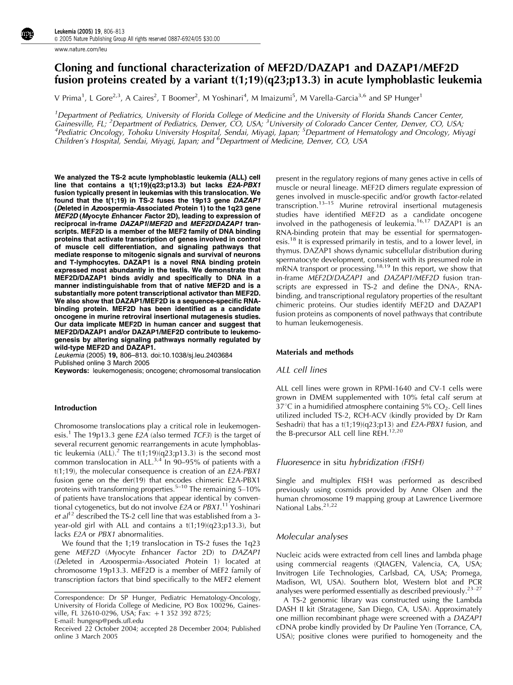 Cloning and Functional Characterization of MEF2D/DAZAP1 and DAZAP1/MEF2D Fusion Proteins Created by a Variant T(1;19)(Q23;P13.3) in Acute Lymphoblastic Leukemia