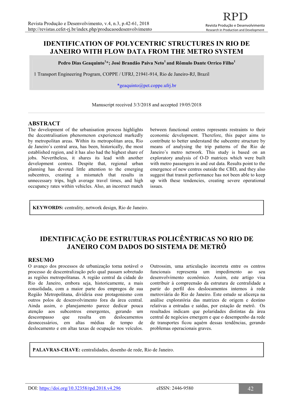 Identification of Polycentric Structures in Rio De Janeiro with Flow Data from the Metro System