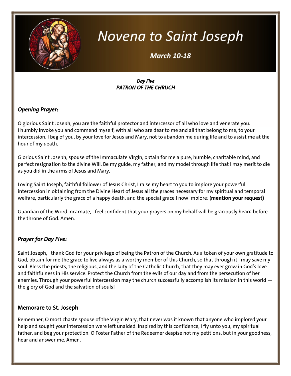 Opening Prayer: Prayer for Day Five: Memorare to St. Joseph