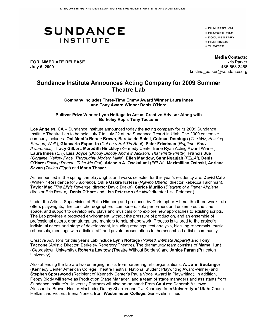 Sundance Institute Announces Acting Company for 2009 Summer Theatre Lab