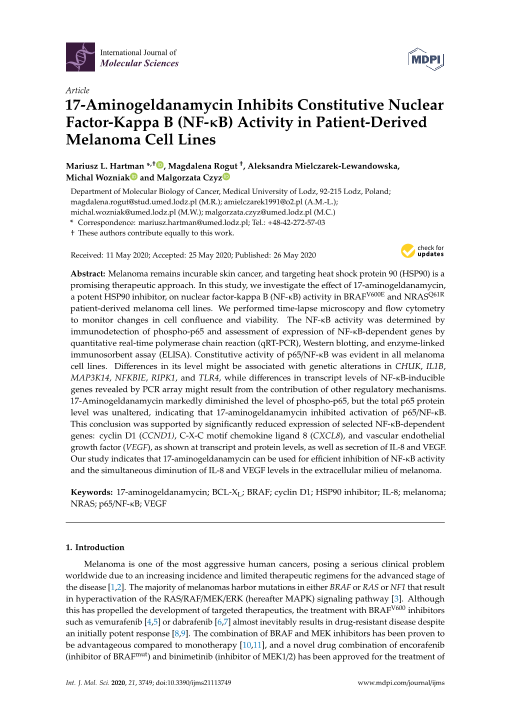 17-Aminogeldanamycin Inhibits Constitutive Nuclear Factor-Kappa B (NF-Κb) Activity in Patient-Derived Melanoma Cell Lines