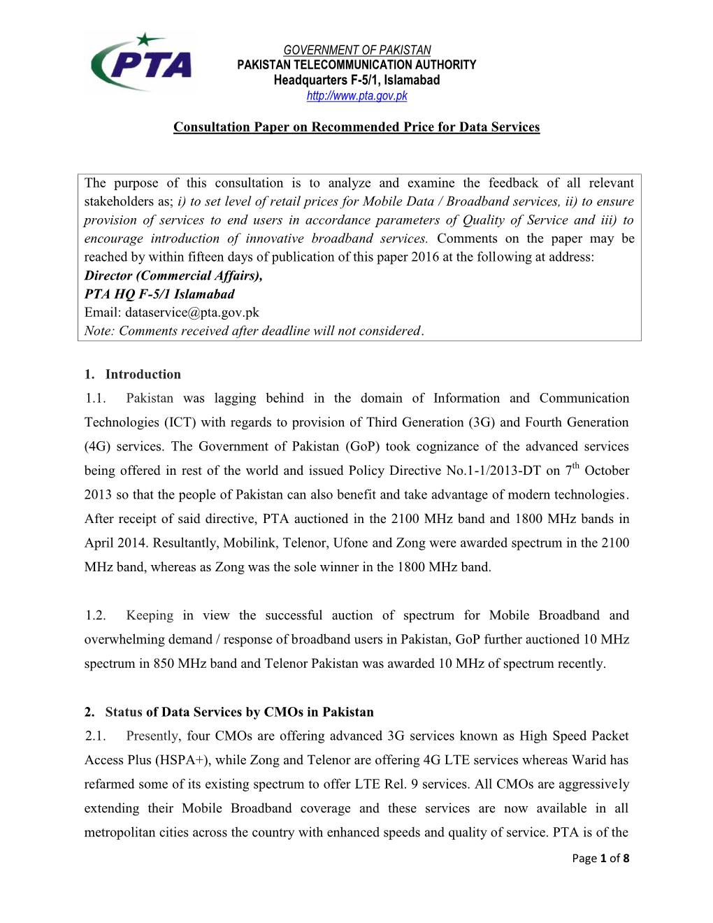 Headquarter Consultation Paper on Reco 1. Introduction 1.1. Pakistan