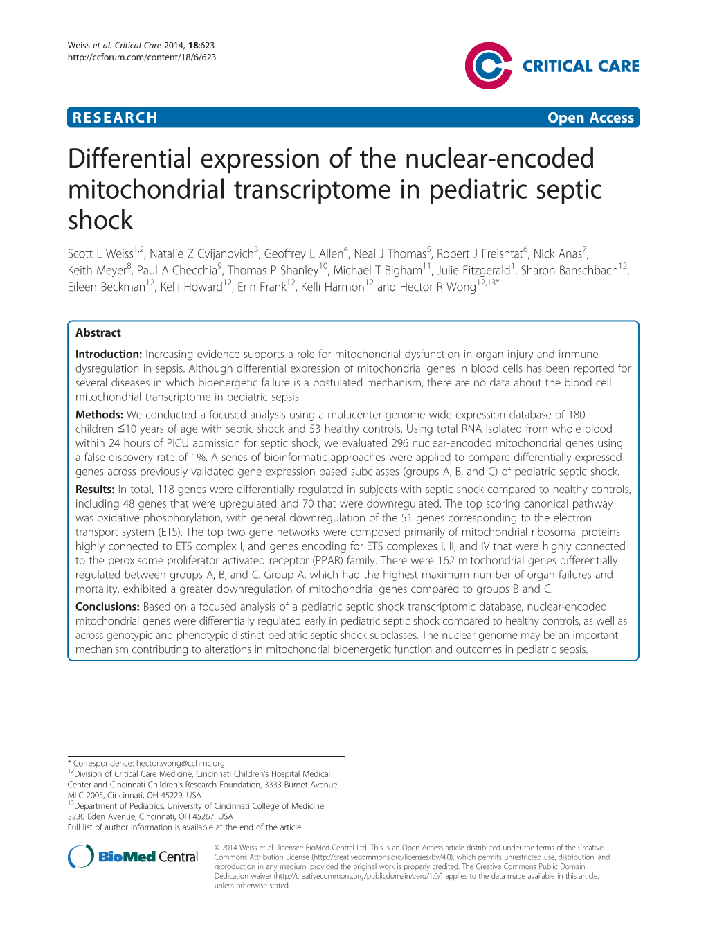 Differential Expression of the Nuclear-Encoded Mitochondrial Transcriptome in Pediatric Septic Shock