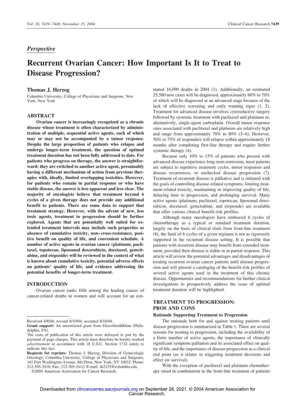 Recurrent Ovarian Cancer: How Important Is It to Treat to Disease Progression?