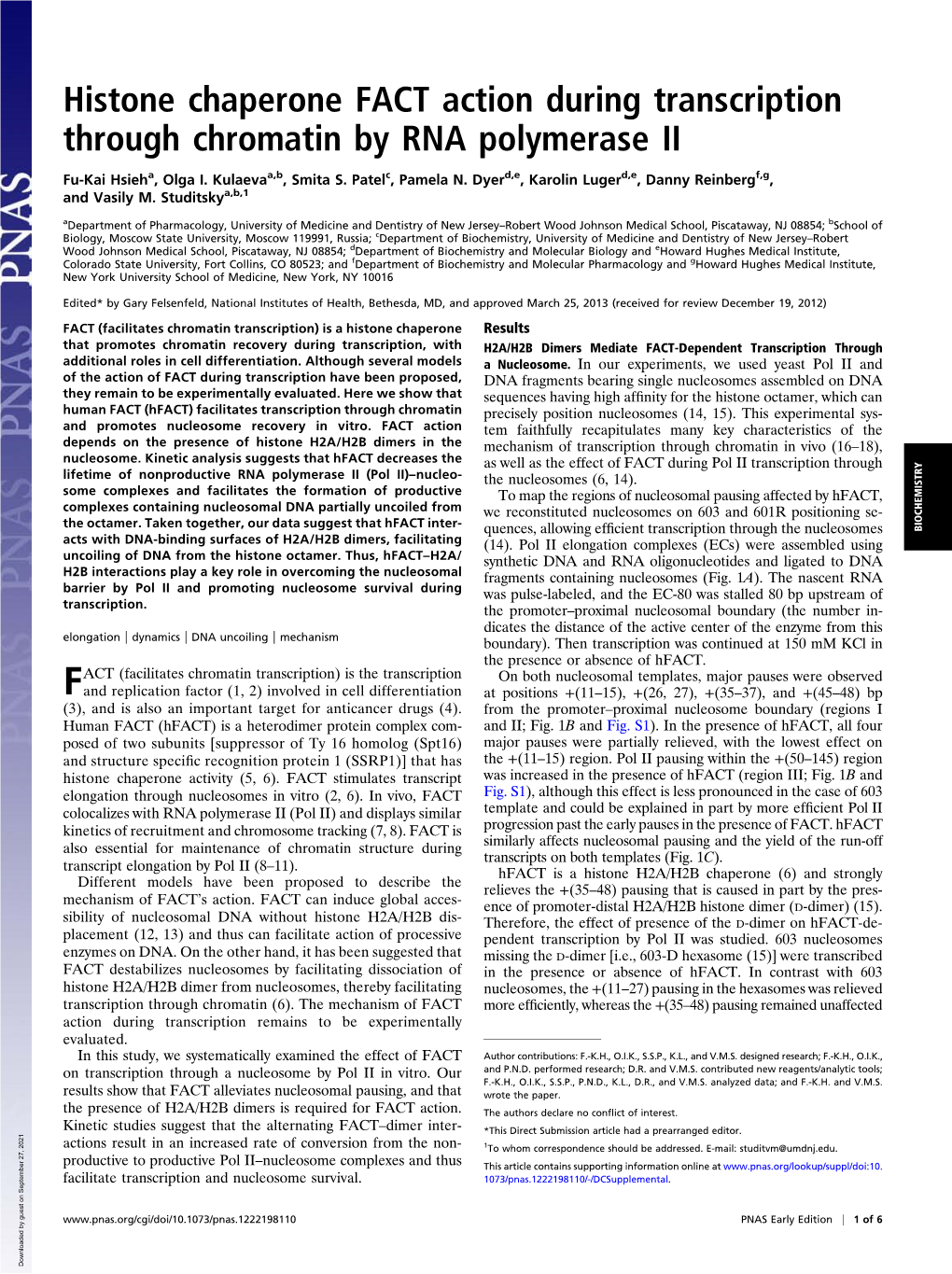 Histone Chaperone FACT Action During Transcription Through Chromatin by RNA Polymerase II