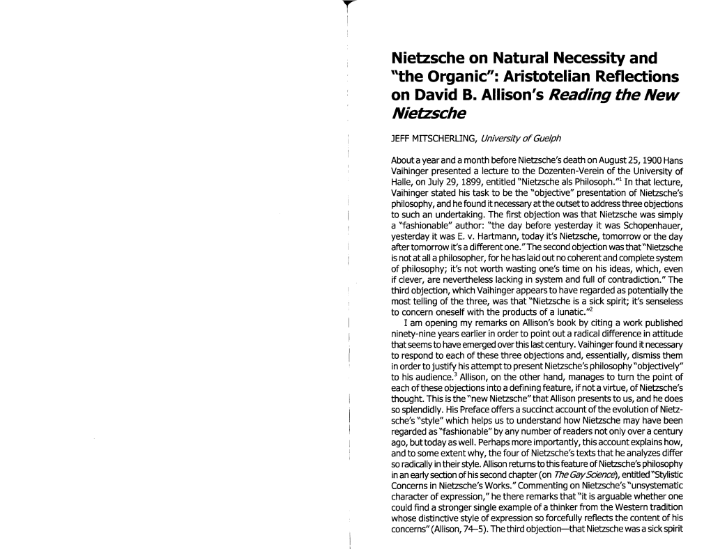 Nietzsche on Natural Necessity and "The Organic": Aristotelian Reflections on David B
