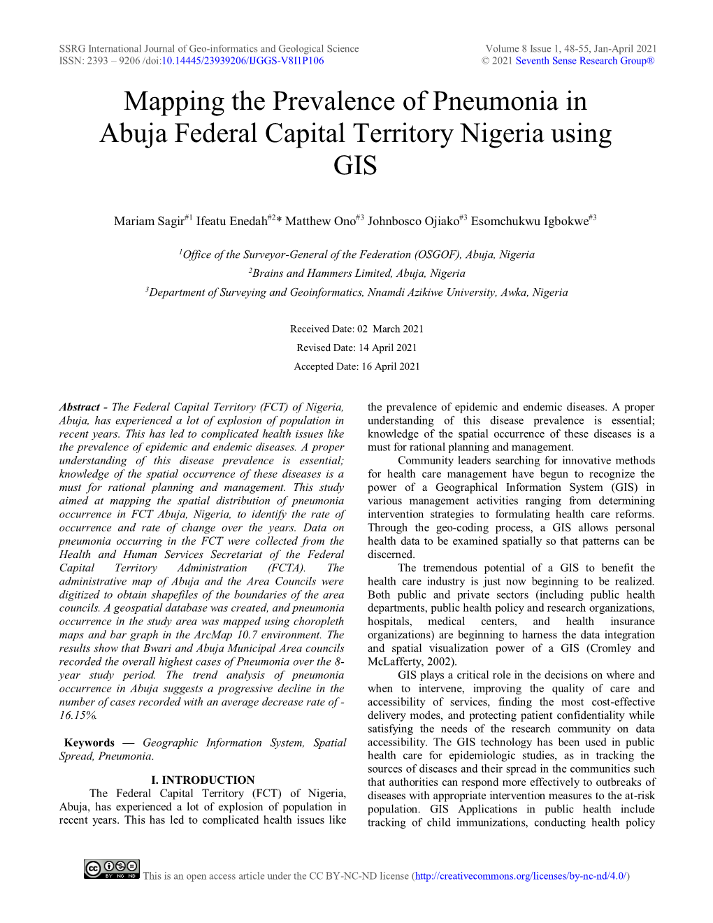 Mapping the Prevalence of Pneumonia in Abuja Federal Capital Territory Nigeria Using GIS