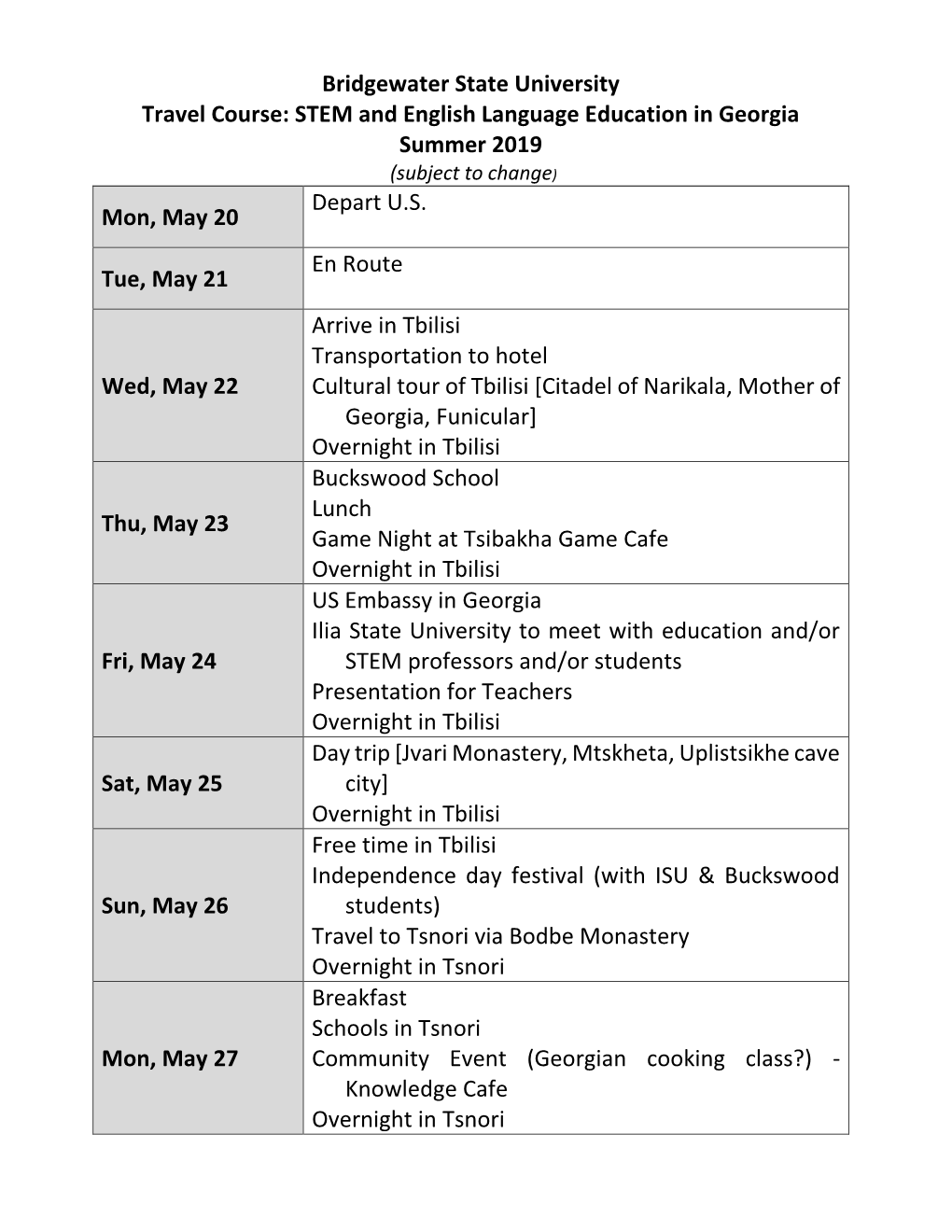 Faculty Led Program Schedule