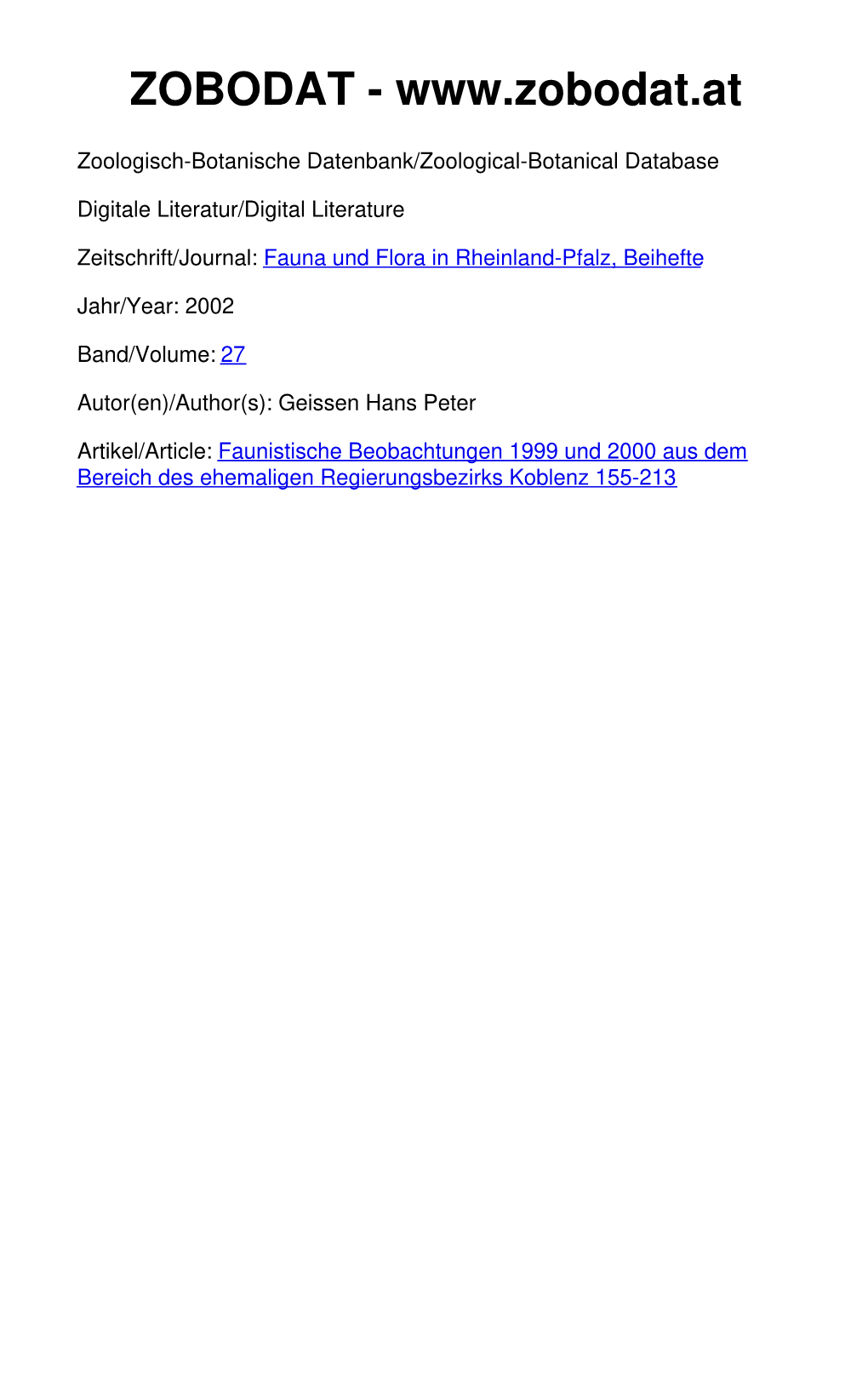 Faunistische Beobachtungen 1999 Und 2000 Aus Dem Bereich Des Ehemaligen Regierungsbezirks Koblenz 155-213 Geissen , H.-?.: Faunistische Beobachtungen 1999 Und 2000