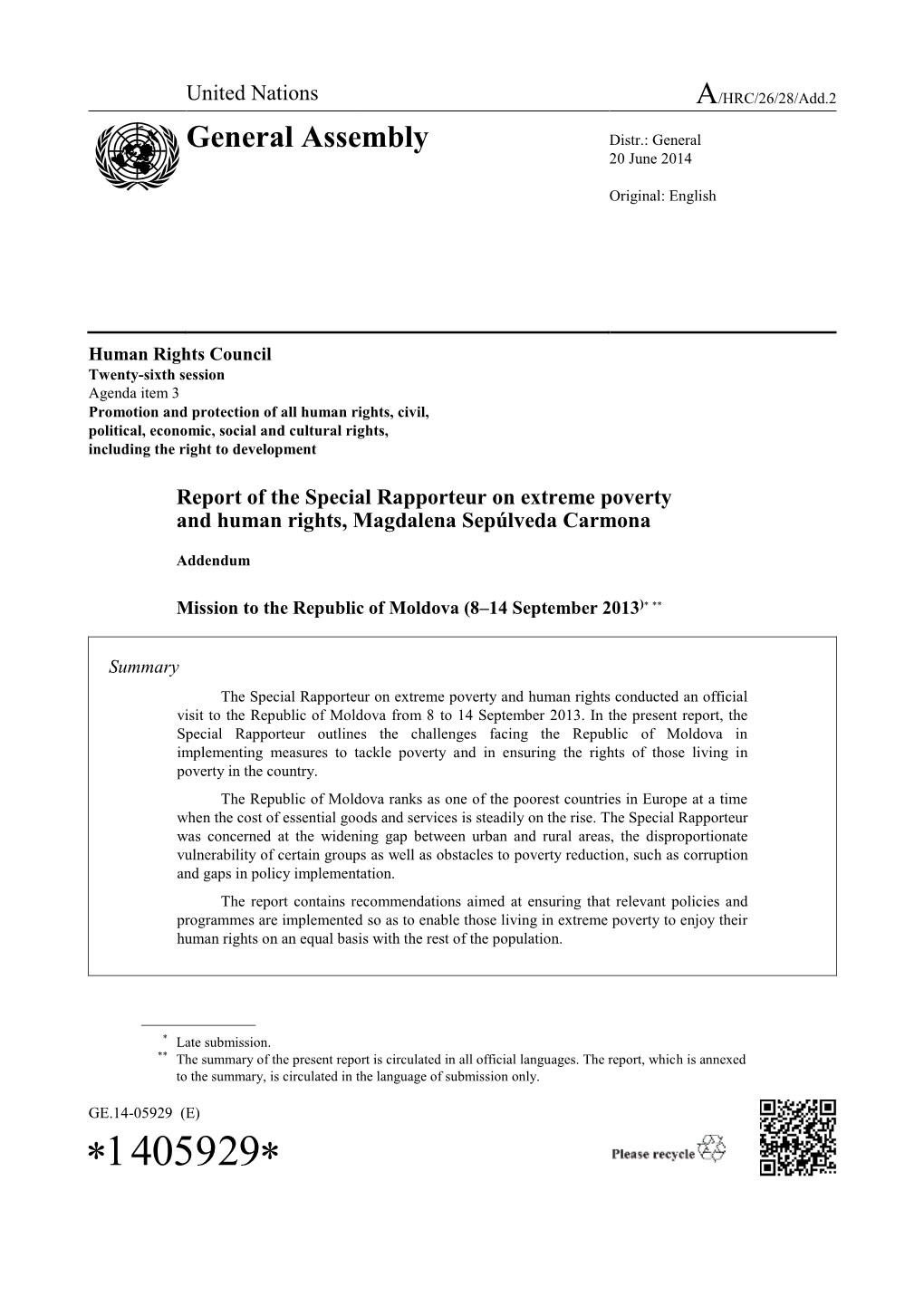 Report of the Special Rapporteur on Extreme Poverty and Human Rights, Magdalena Sepúlveda Carmona