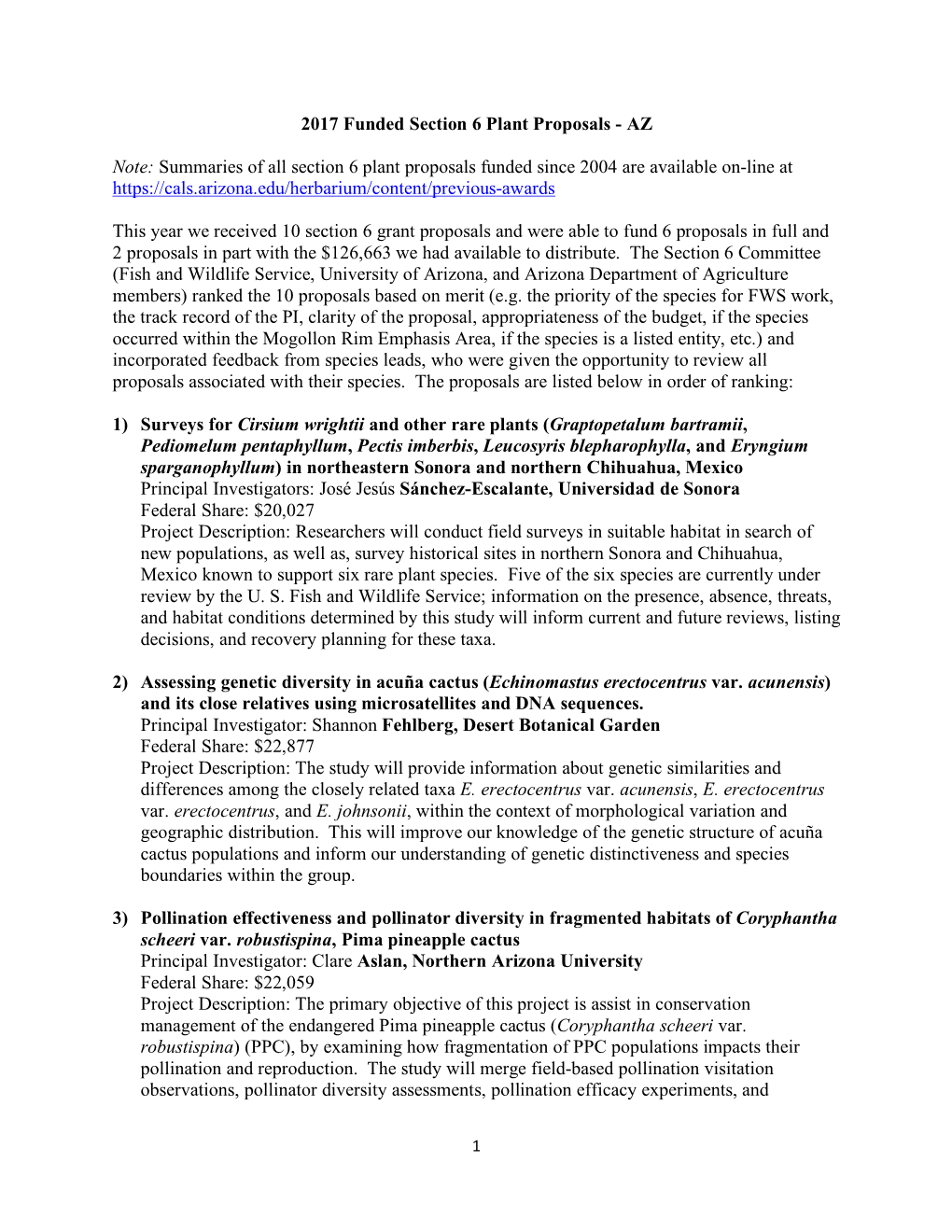 2017 Funded Section 6 Plant Proposal Summaries W Unfunded