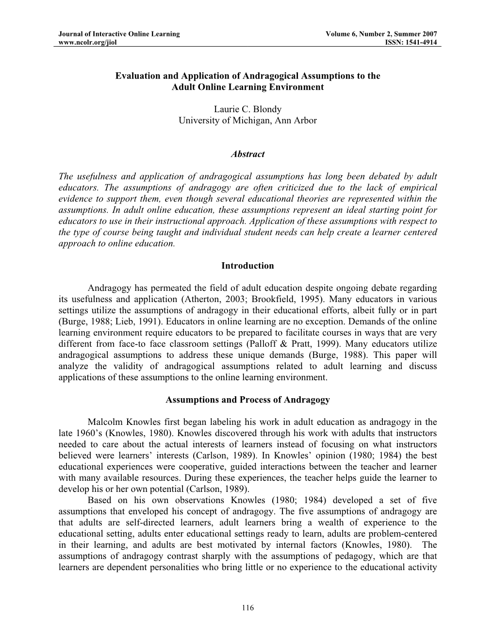 Evaluation and Application of Andragogical Assumptions to the Adult Online Learning Environment