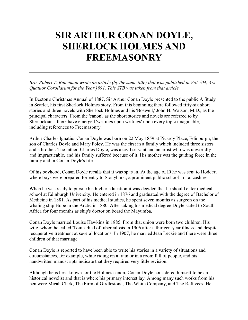 Sir Arthur Conan Doyle, Sherlock Holmes and Freemasonry