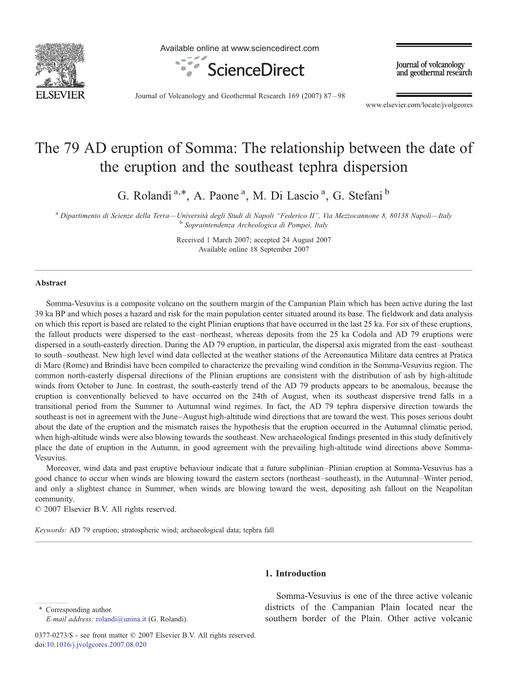 The 79 AD Eruption of Somma: the Relationship Between the Date of the Eruption and the Southeast Tephra Dispersion ⁎ G