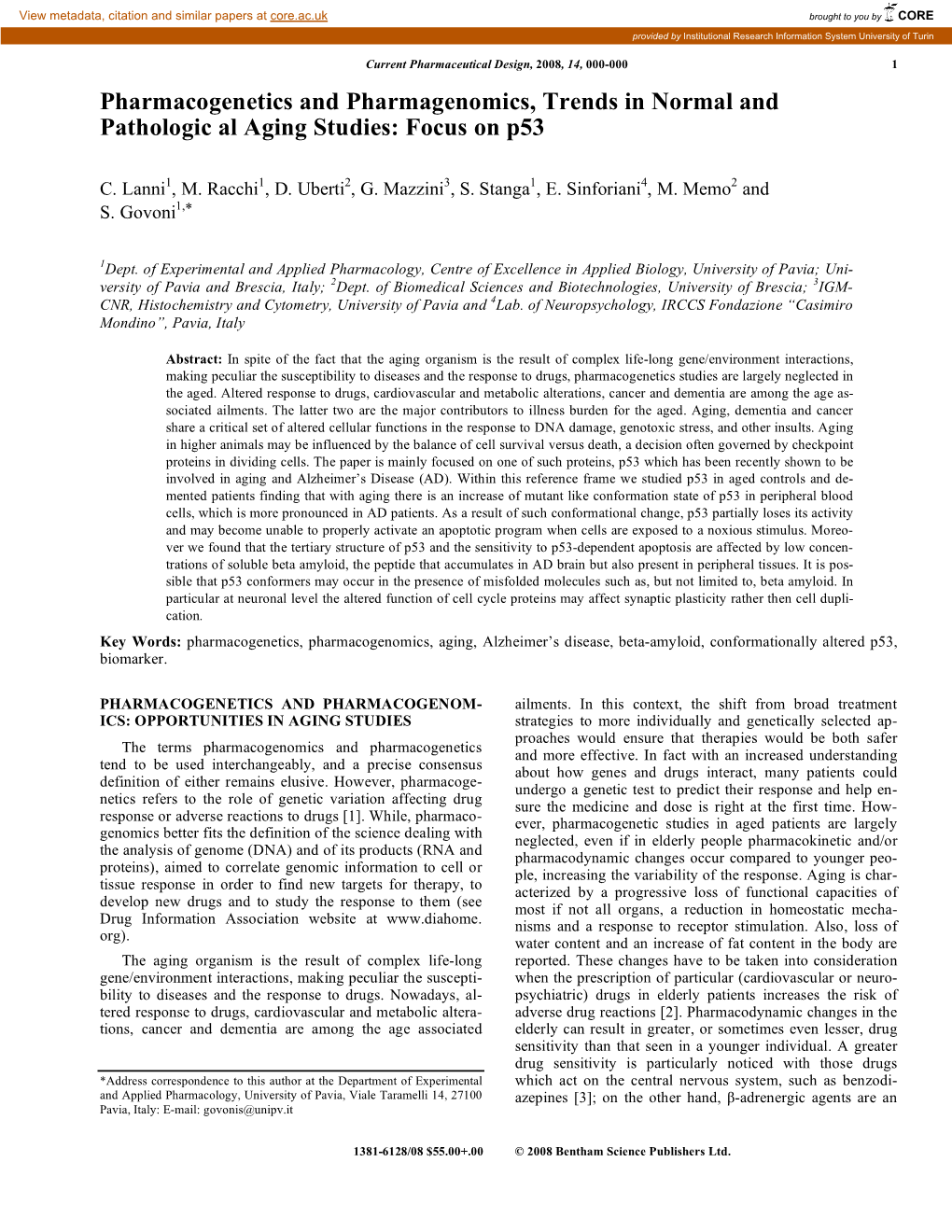 Pharmacogenetics and Pharmagenomics, Trends in Normal and Pathologic Al Aging Studies: Focus on P53