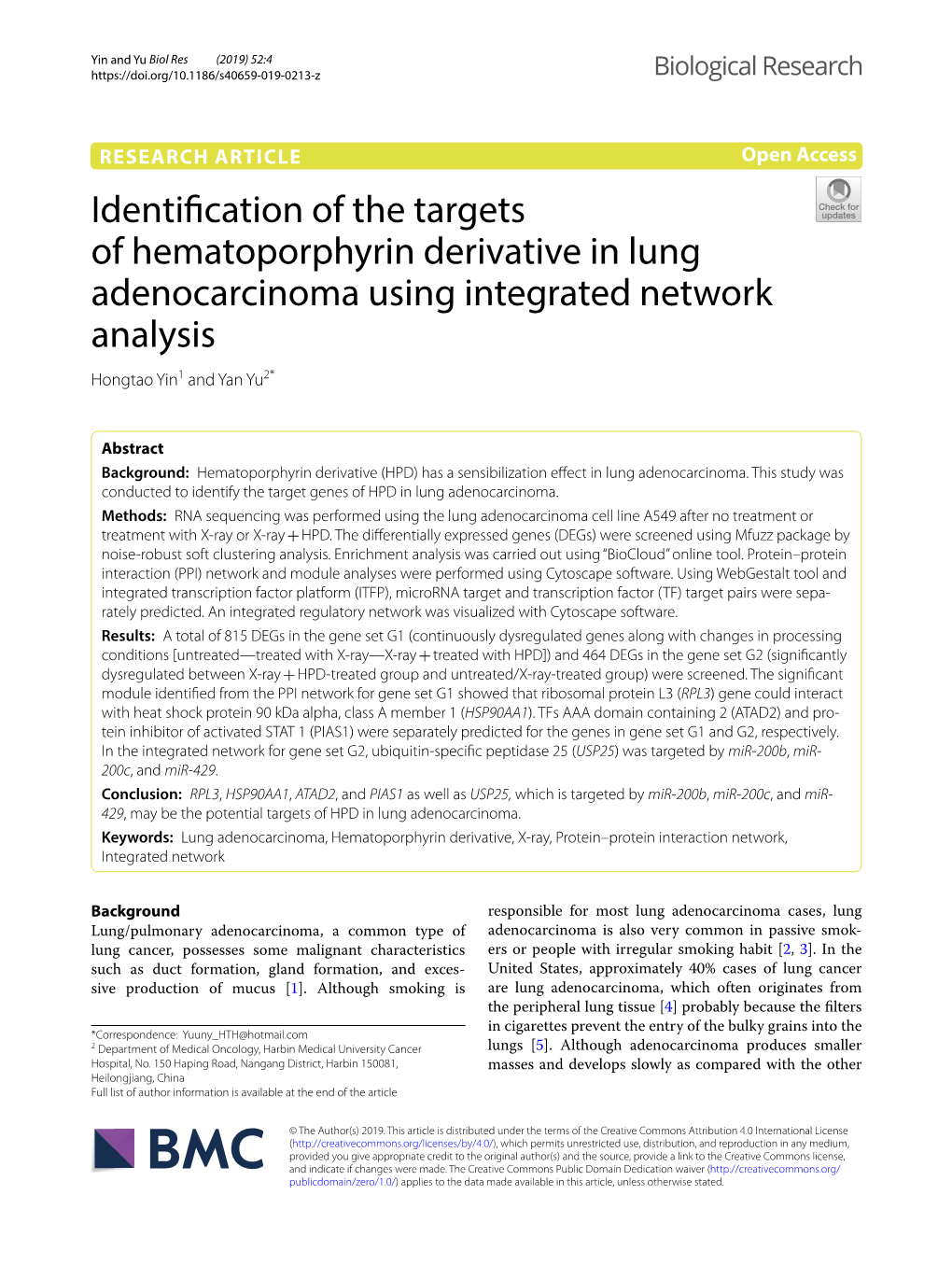 Identification of the Targets of Hematoporphyrin Derivative in Lung Adenocarcinoma Using Integrated Network Analysis