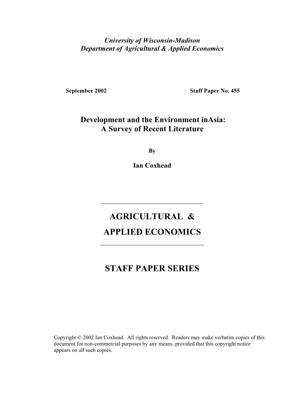 Agricultural & Applied Economics Staff Paper Series