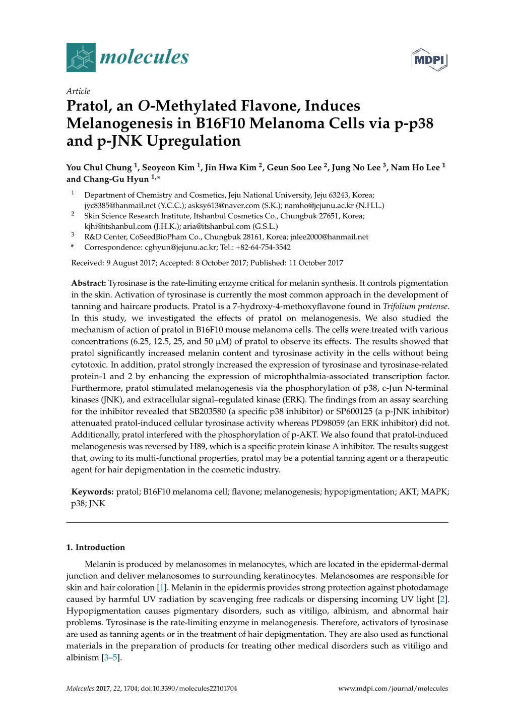 Pratol, an O-Methylated Flavone, Induces Melanogenesis in B16F10 Melanoma Cells Via P-P38 and P-JNK Upregulation