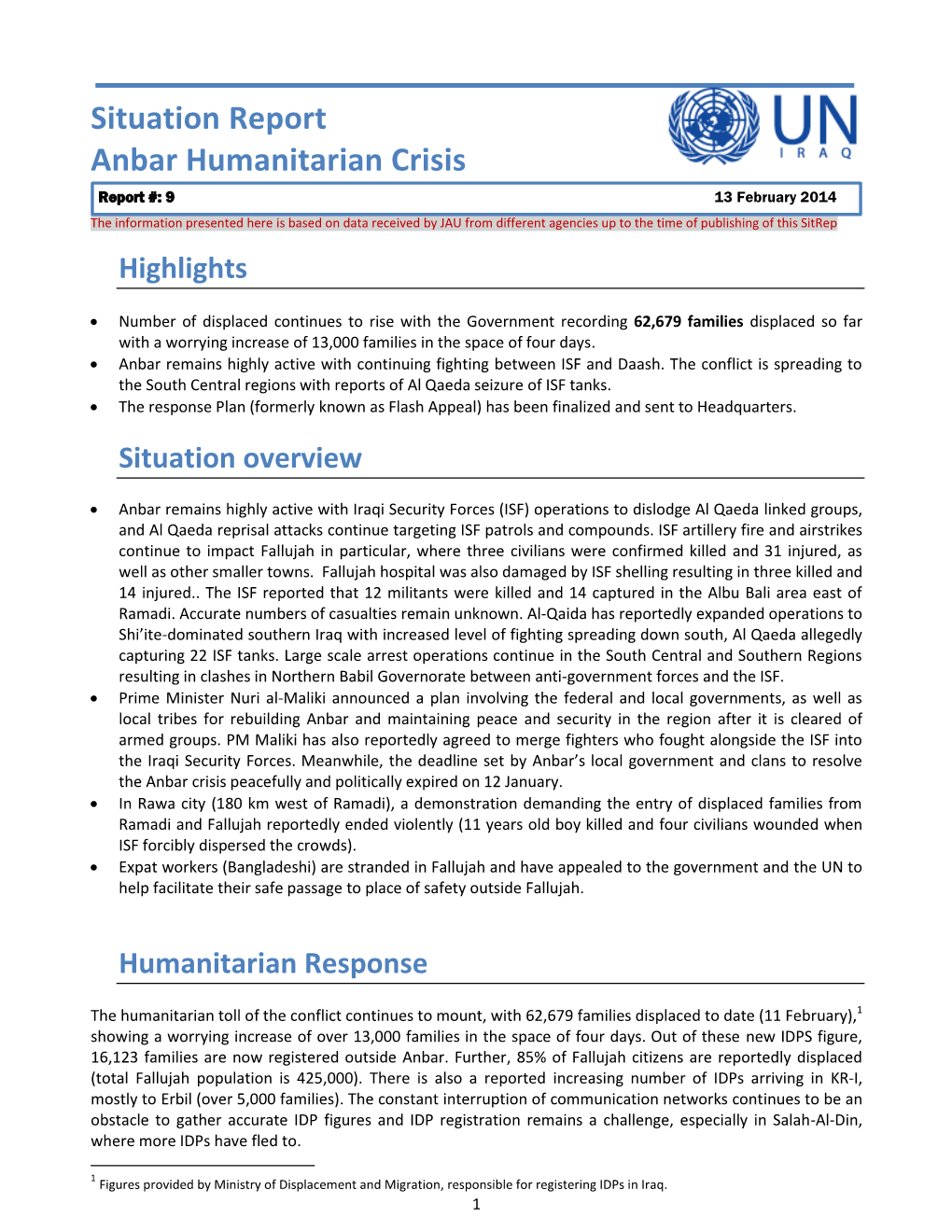 Situation Report Anbar Humanitarian Crisis Report #: 9 13 February 2014