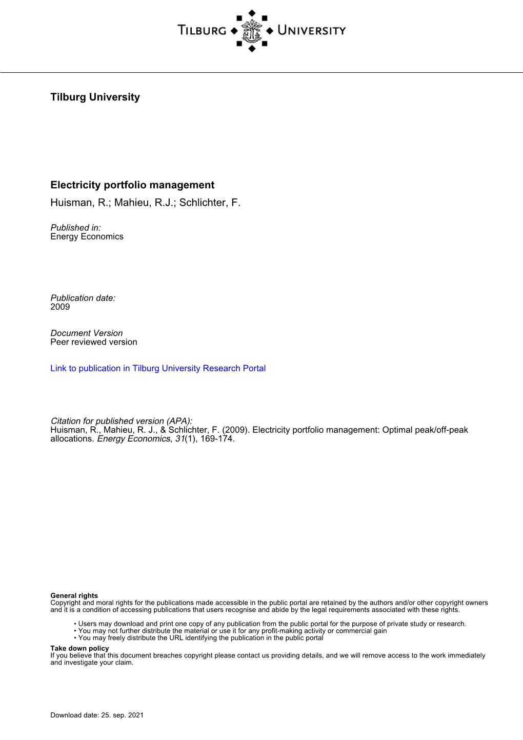 Tilburg University Electricity Portfolio Management Huisman, R.; Mahieu