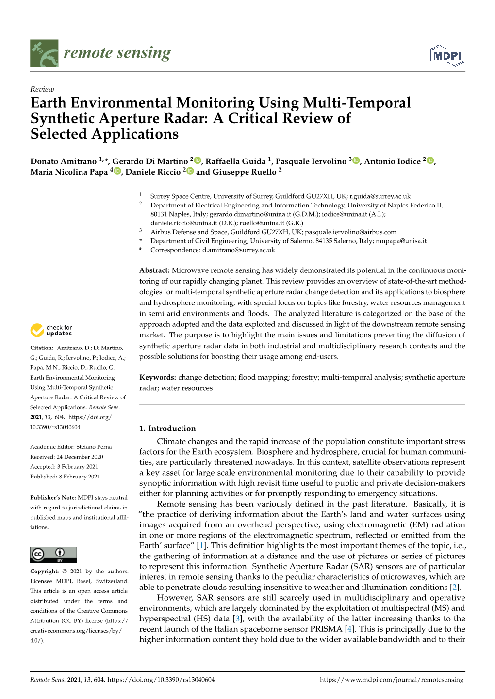 Earth Environmental Monitoring Using Multi-Temporal Synthetic Aperture Radar: a Critical Review of Selected Applications