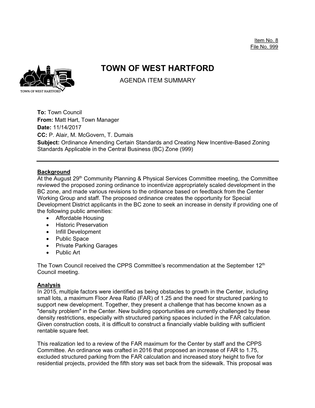 Town of West Hartford Agenda Item Summary