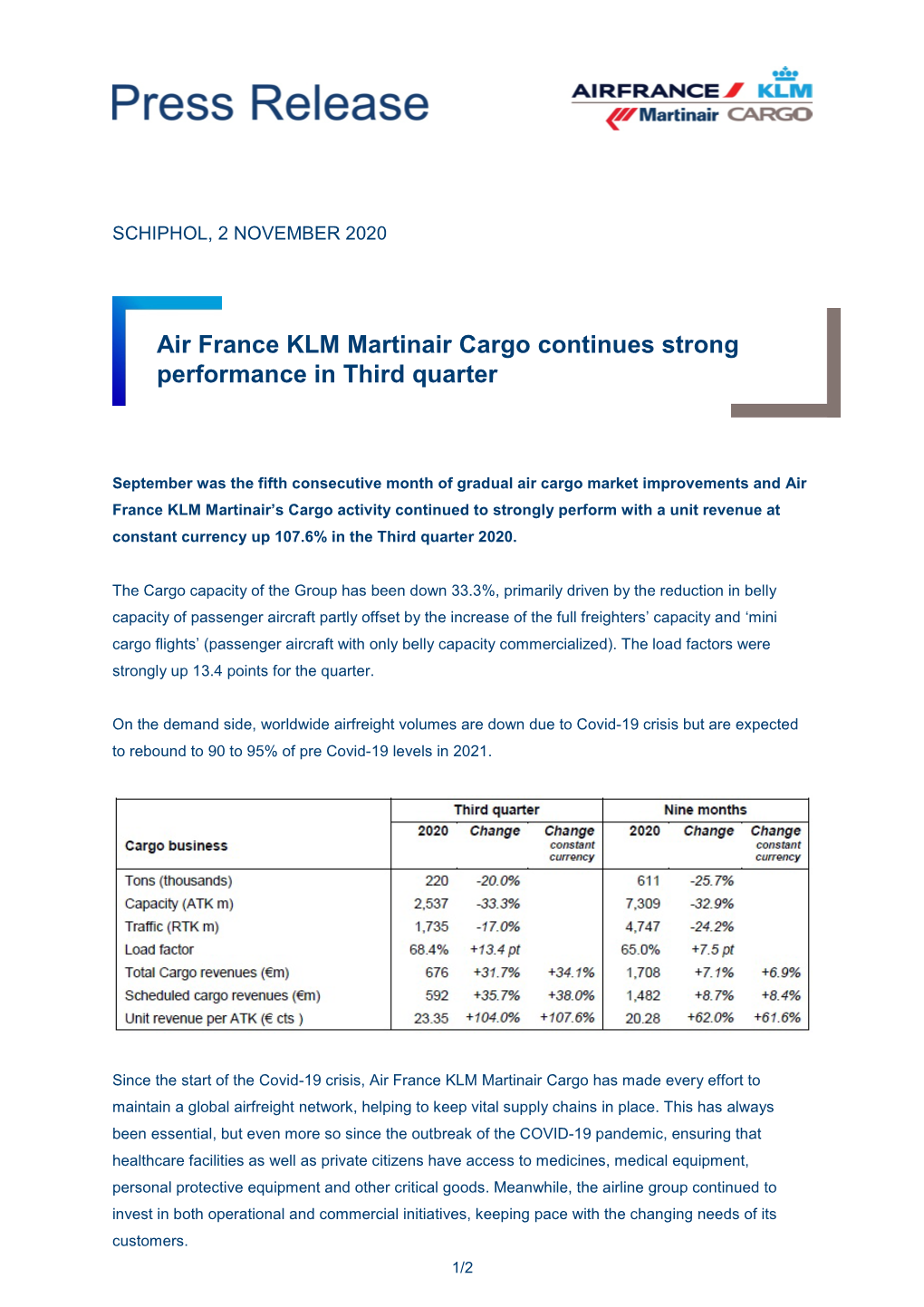 Air France KLM Martinair Cargo Continues Strong Performance in Third Quarter