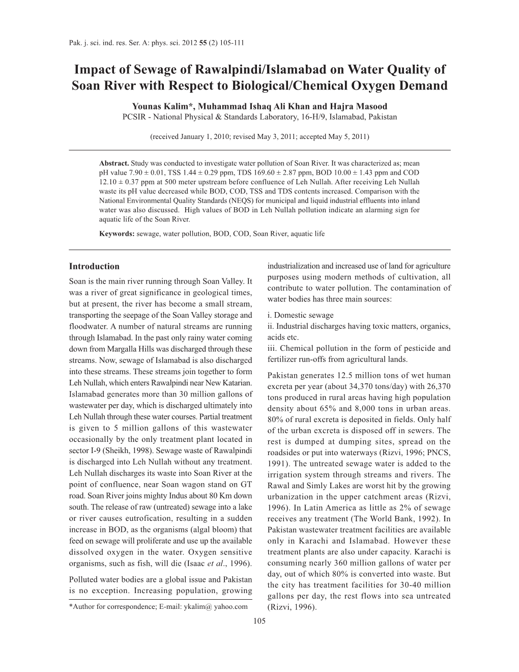 Impact of Sewage of Rawalpindi/Islamabad on Water Quality of Soan River with Respect to Biological/Chemical Oxygen Demand