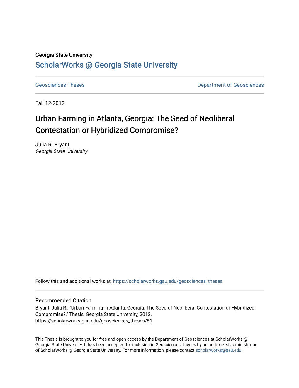 Urban Farming in Atlanta, Georgia: the Seed of Neoliberal Contestation Or Hybridized Compromise?