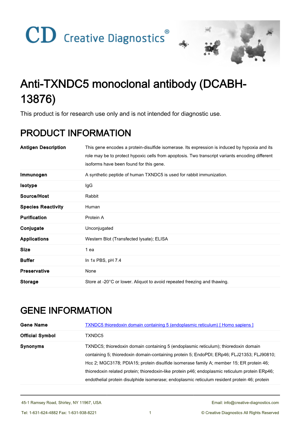 Anti-TXNDC5 Monoclonal Antibody (DCABH- 13876) This Product Is for Research Use Only and Is Not Intended for Diagnostic Use