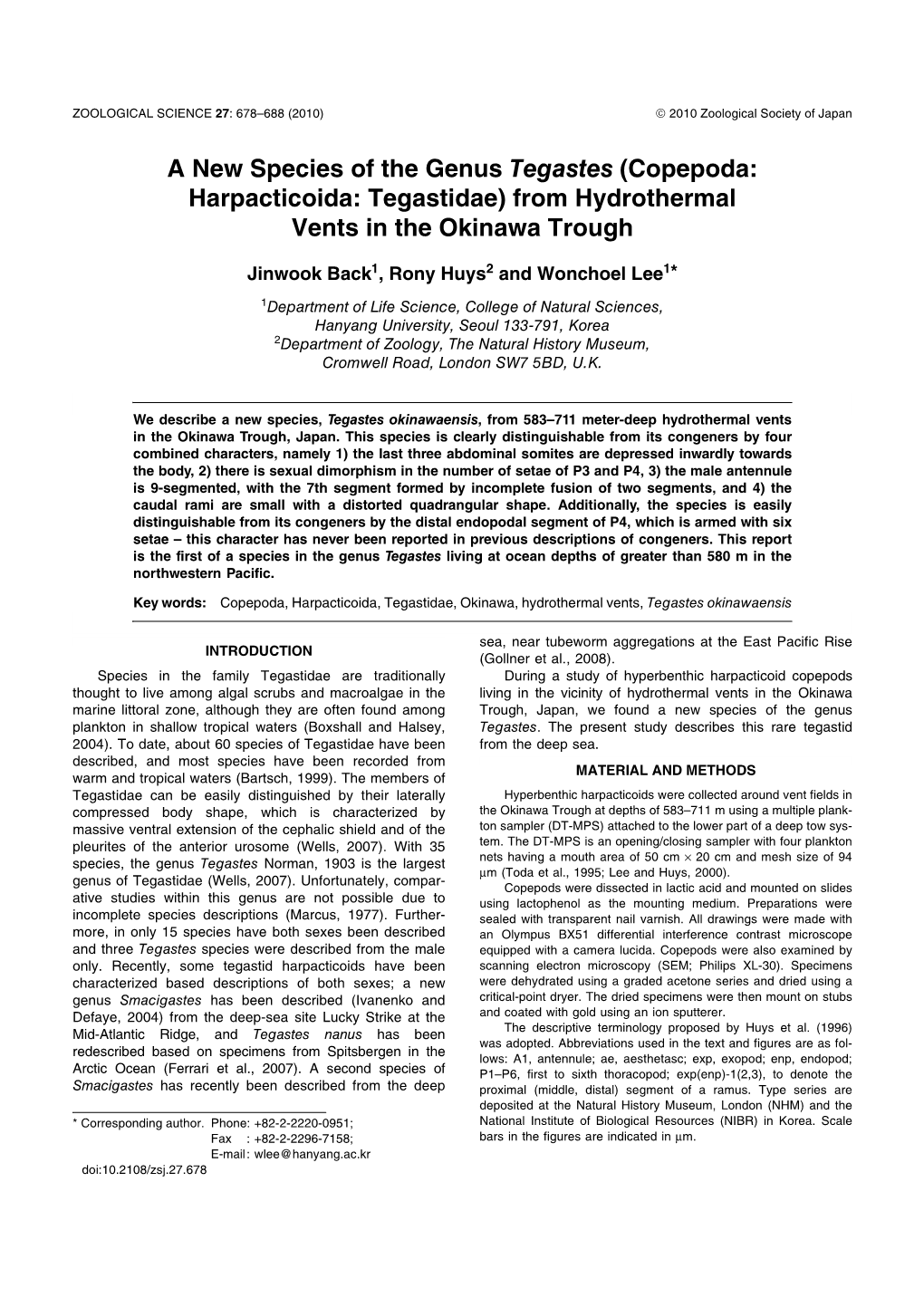 A New Species of the Genus Tegastes (Copepoda: Harpacticoida: Tegastidae) from Hydrothermal Vents in the Okinawa Trough