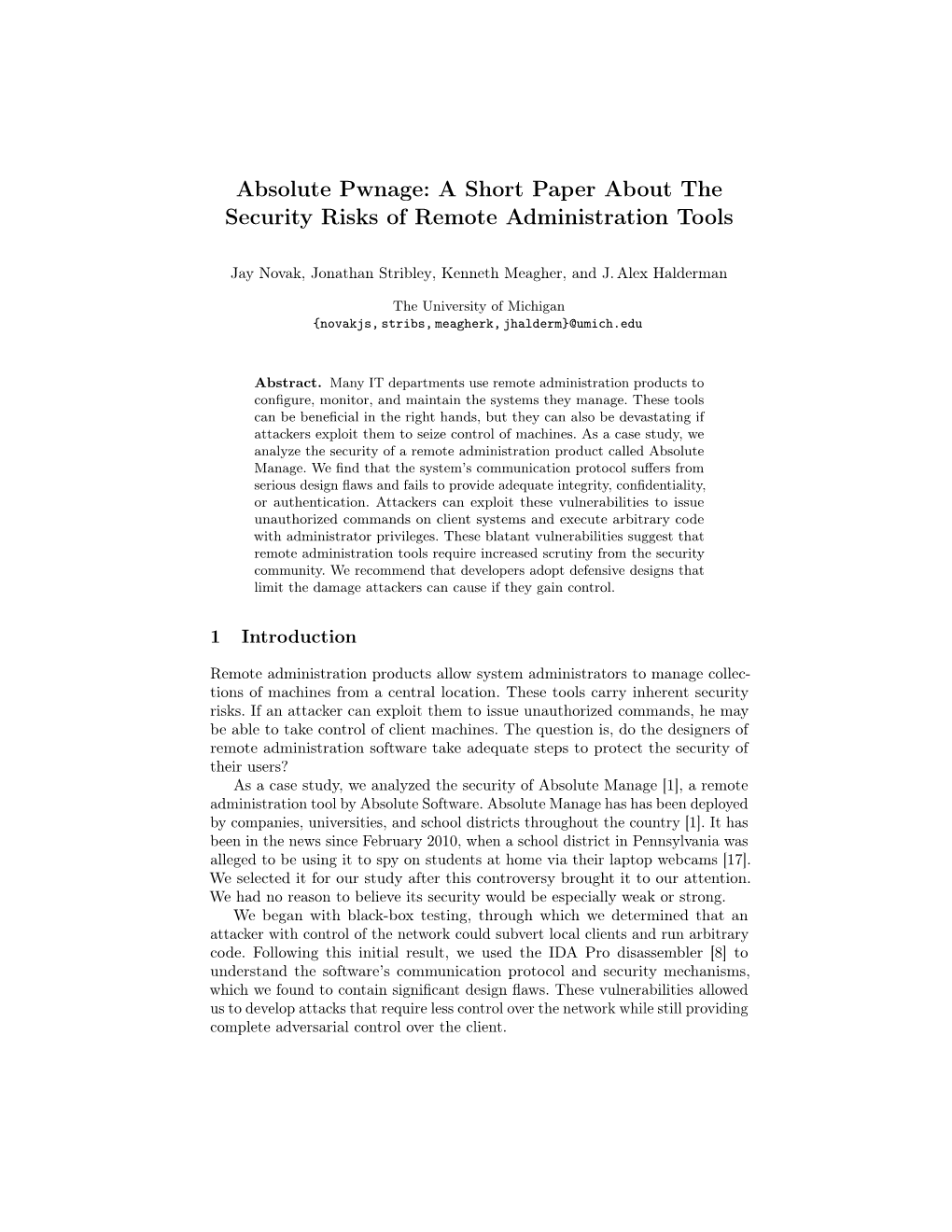 Absolute Pwnage: a Short Paper About the Security Risks of Remote Administration Tools