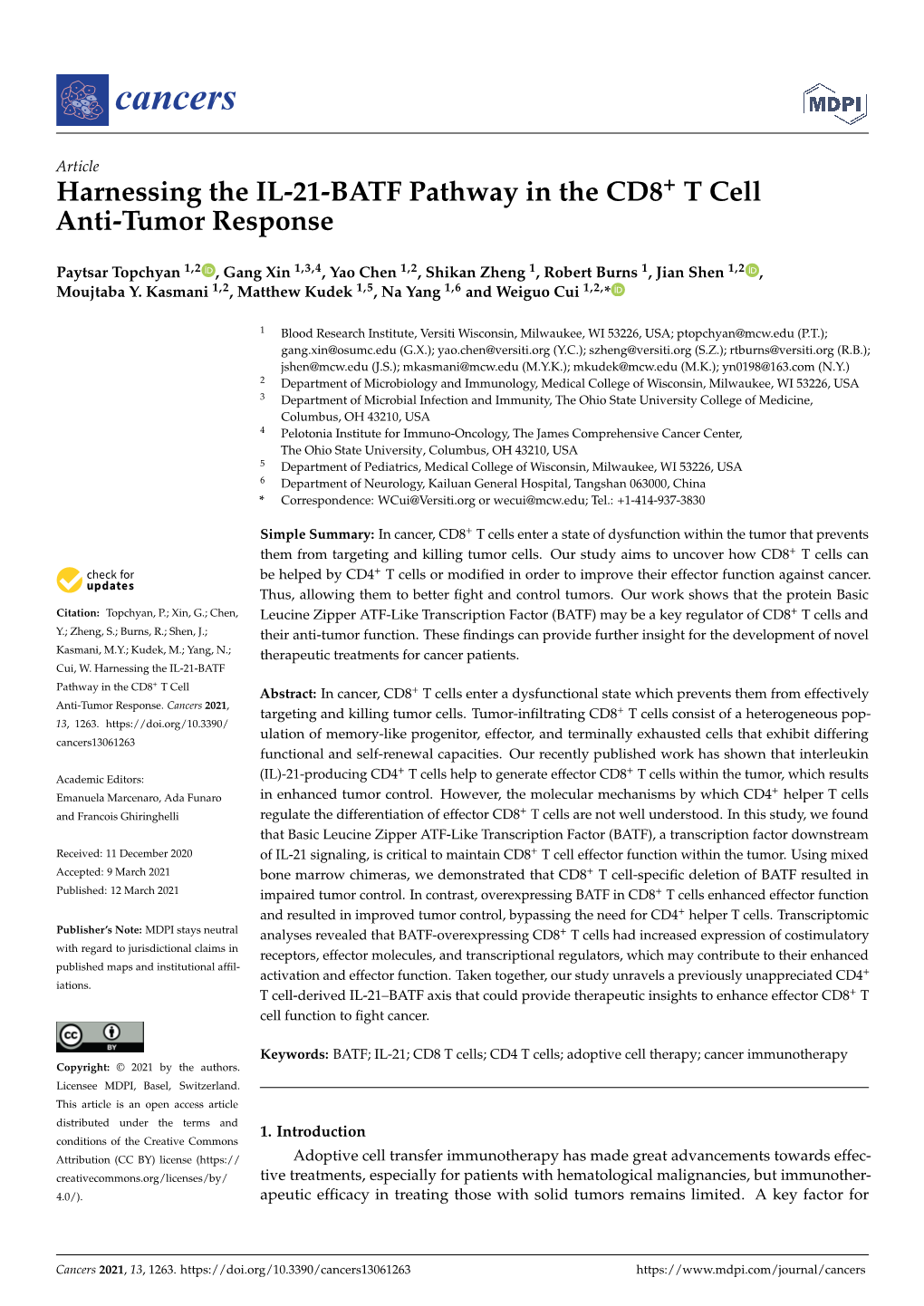 Harnessing the IL-21-BATF Pathway in the CD8+ T Cell Anti-Tumor Response