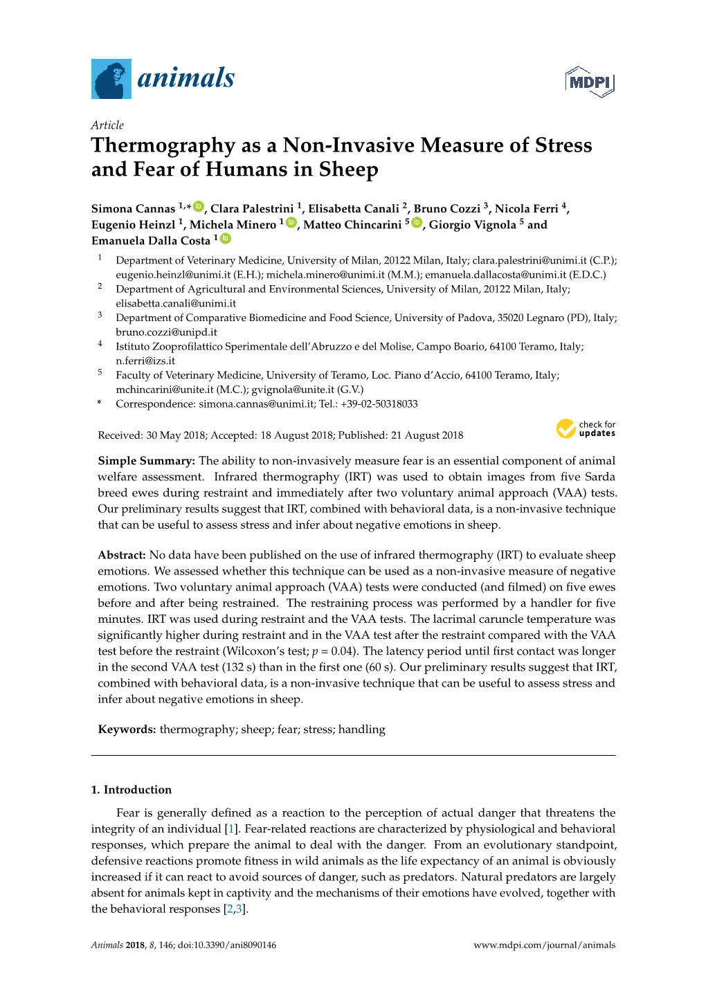 Thermography As a Non-Invasive Measure of Stress and Fear of Humans in Sheep