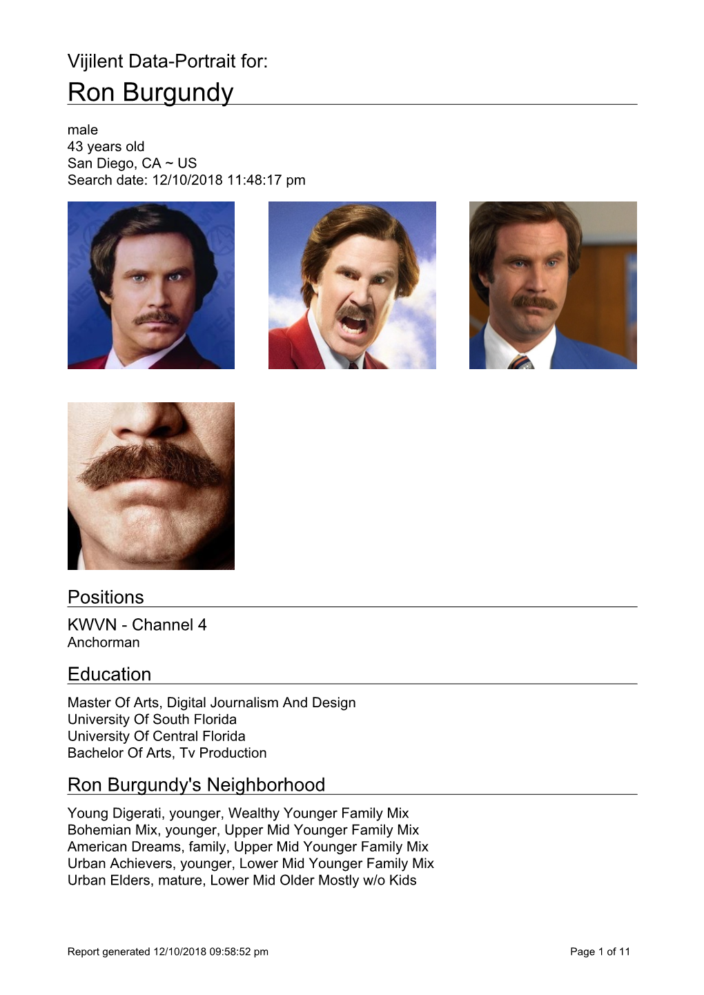 Ron Burgundy Male 43 Years Old San Diego, CA ~ US Search Date: 12/10/2018 11:48:17 Pm