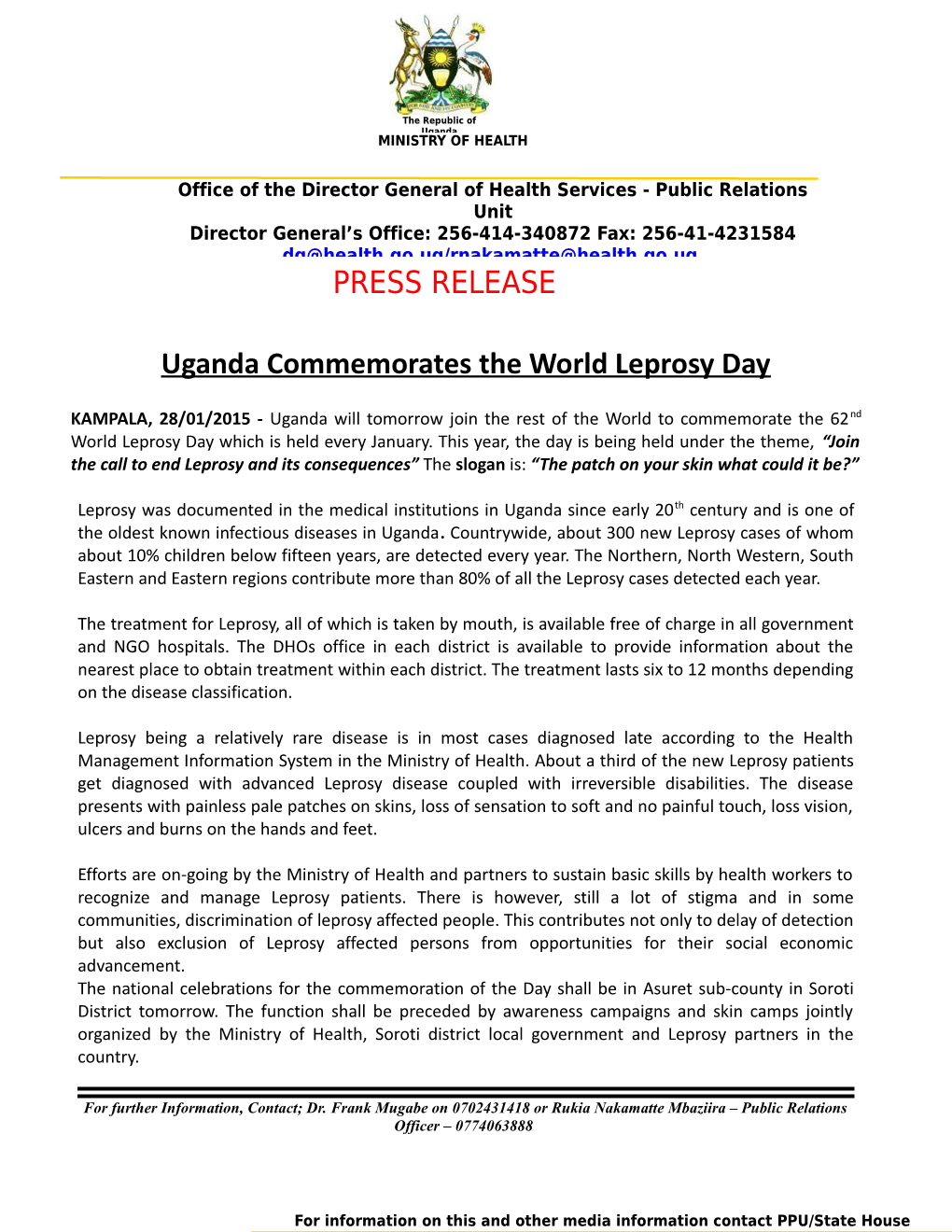 Uganda Commemorates the World Leprosy Day