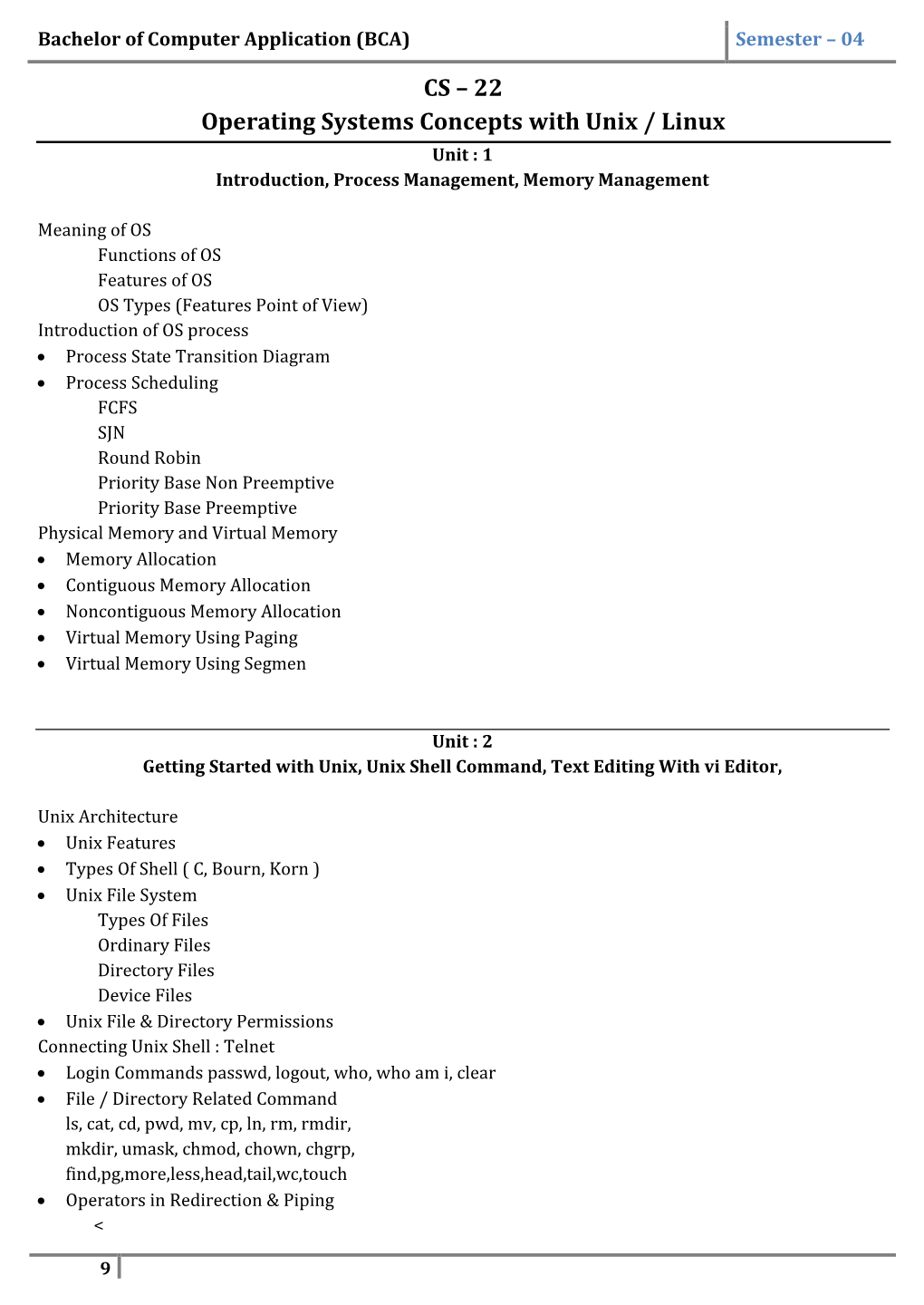 CS – 22 Operating Systems Concepts with Unix / Linux Unit : 1 Introduction, Process Management, Memory Management