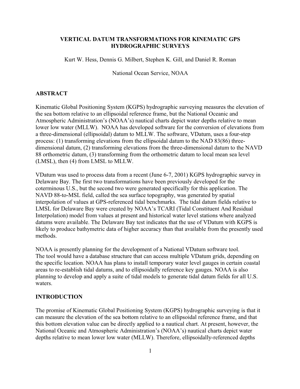 Vertical Datum Transformations for Kinematic-Gps Hydrographic Surveying