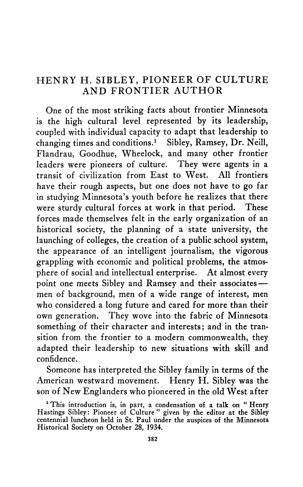 Henry H. Sibley, a Pioneer of Culture and Frontier Author