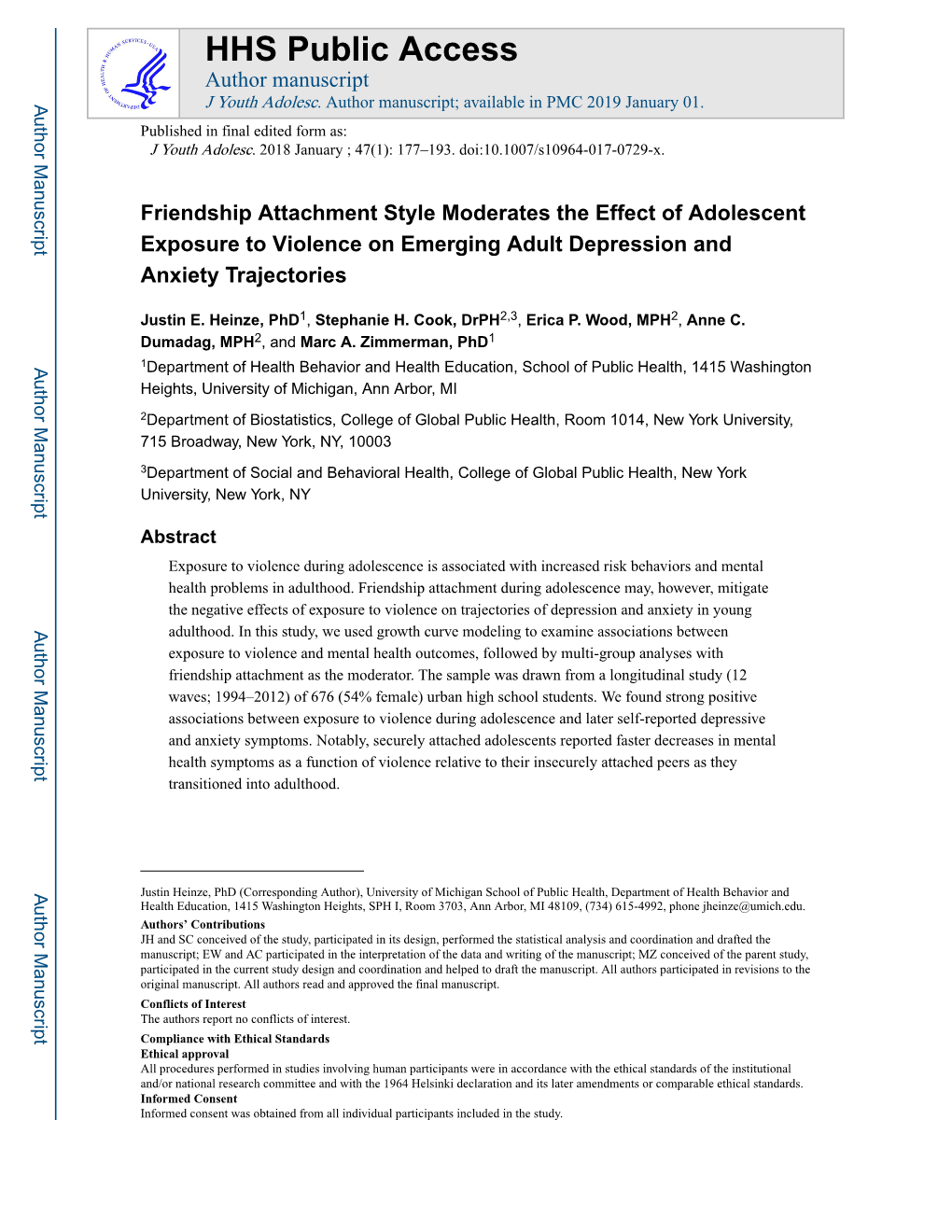 Friendship Attachment Style Moderates the Effect of Adolescent Exposure to Violence on Emerging Adult Depression and Anxiety Trajectories