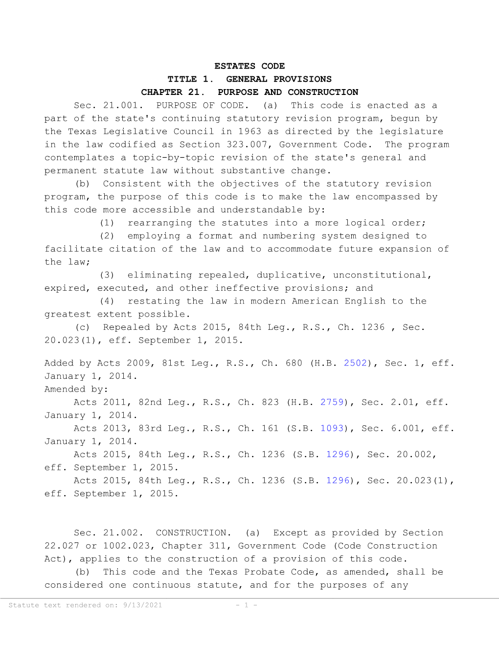 ESTATES CODE Sec. 21.001. PURPOSE of CODE. (A) This Code Is Enacted As a Part of the State's Continuing Statutory Revision Pr