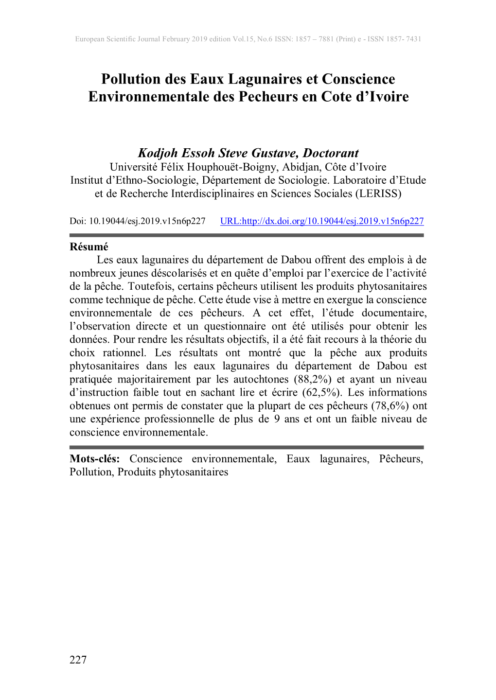 Pollution Des Eaux Lagunaires Et Conscience Environnementale Des Pecheurs En Cote D’Ivoire