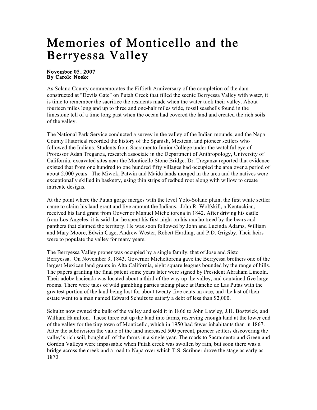 Berryessa History Vacaville Reporter 2007