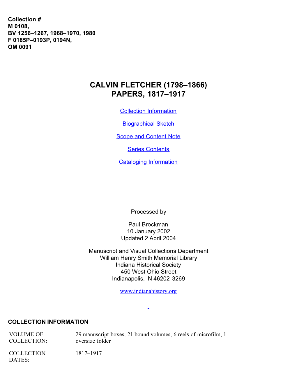 Calvin Fletcher (1798–1866) Papers, 1817–1917