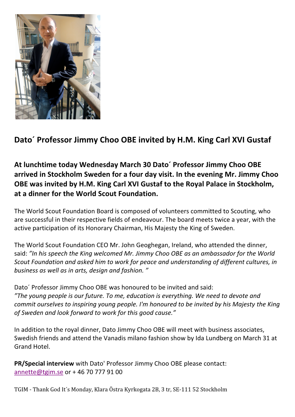Jimmy Choo OBE Invited by H.M. King Carl XVI Gustaf