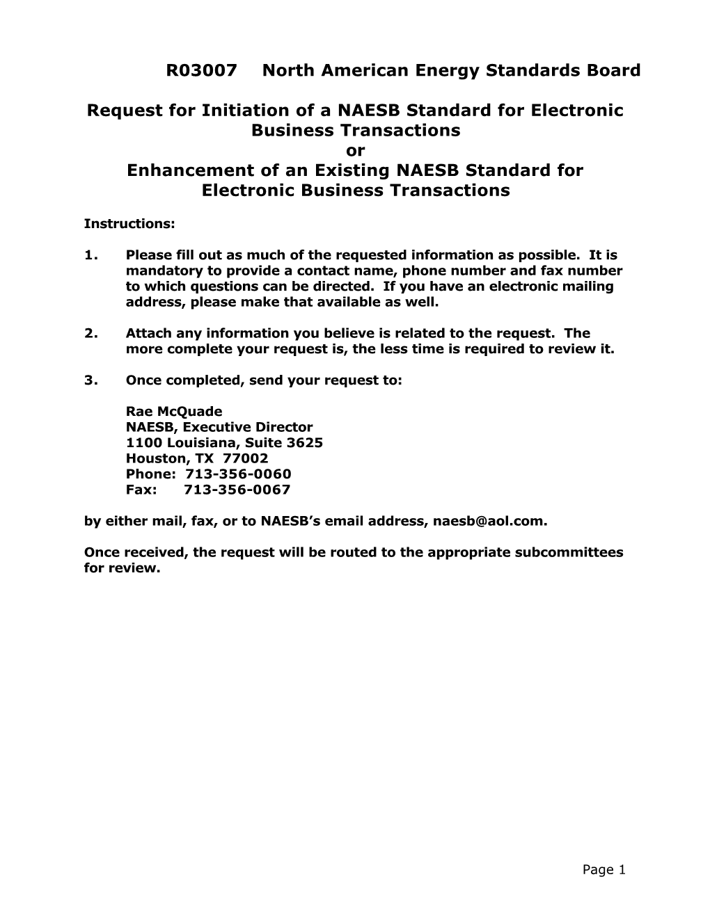 R03007 North American Energy Standards Board Request for Initiation of a NAESB Standard for Electronic Business Transactions