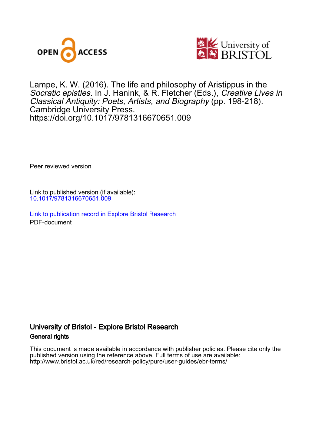 Lampe, K. W. (2016). the Life and Philosophy of Aristippus in the Socratic Epistles