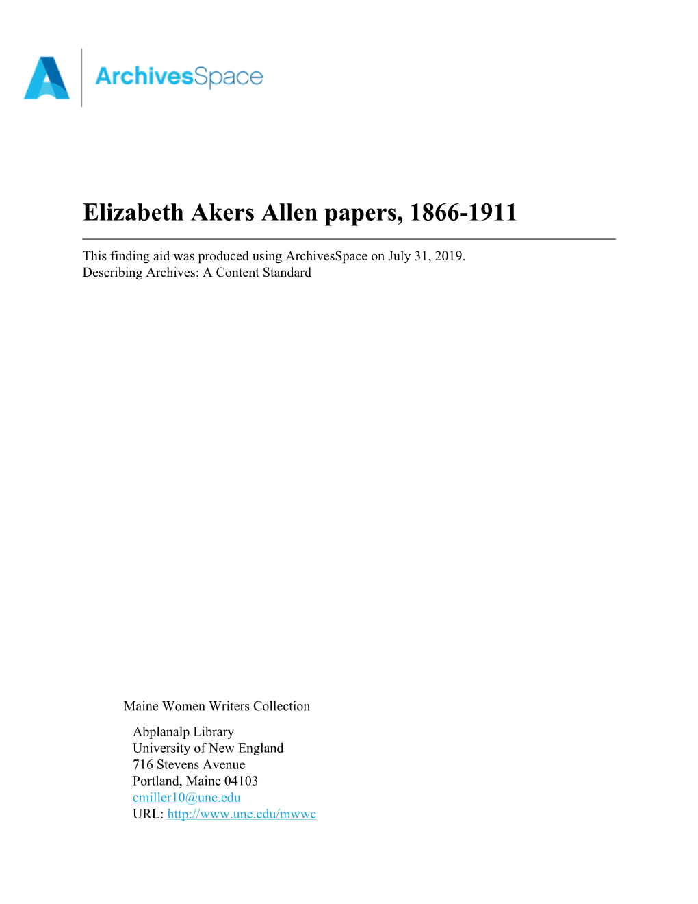 Elizabeth Akers Allen Papers, 1866-1911